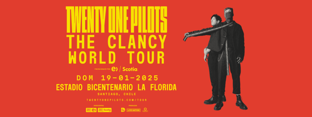 El cartel de gira de Twenty One Pilots con una fecha confirmada en Chile 2025. 
